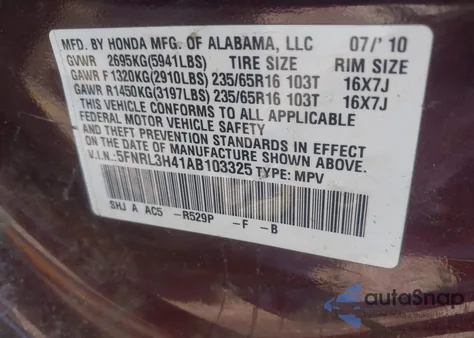 2010 Honda Odyssey Ex z USA, uszkodzony, nr VIN 5FNRL3H41AB103325